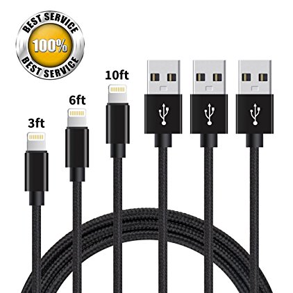 iPhone Charger Cords, 3Pack (3ft,6ft,10ft) Nylon Braided Lightning Cable to Ansuda USB Charging for iPhone 8 / 7 Plus / 6s / 6s Plus / 6 / 6 Plus / 5 / 5s / 5c, iPad mini /Air /Pro iPod touch (Blck)