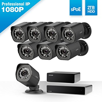 Zmodo 1080p Full HD 8 Outdoor Video Surveillance Security Camera System 8 Channel HDMI NVR, sPoE Repeater and 2TB Hard Drive