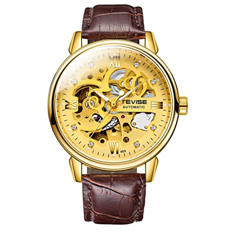 Honeytecs Men Watches Automatic Mechanical Skeleton Watch Genuine Leather Band Luminous Hands 3ATM Waterproof Male Fashion Wristwatch Gold