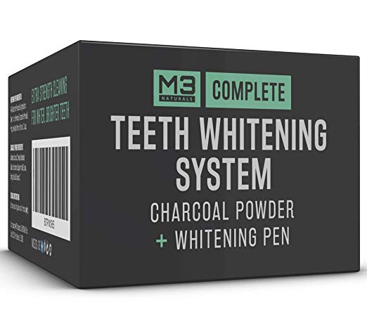 M3 Naturals Activated Charcoal Teeth Whitening All Natural Powder 4oz + Pen 2ml 44% Carbamide Peroxide Treatment No Sensitivity Painless Toothpaste Travel Friendly
