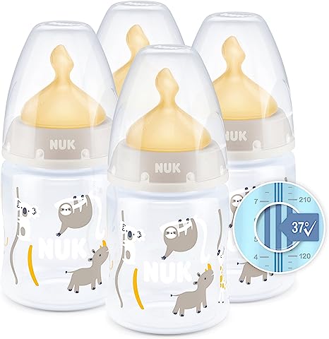 NUK First Choice  Baby Bottles Set | 0-6 Months | Temperature Control | Anti Colic Vent | 150 ml | BPA-Free | Latex Teat | Safari (Beige) | 4 Count