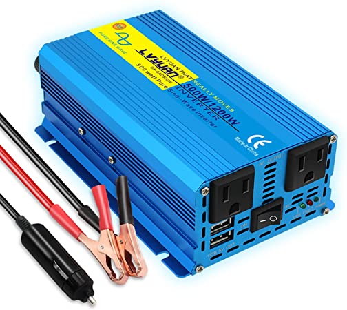 LVYUAN Pure Sine Wave Inverter 500 Watts Inverter 12V to 110V DC to AC with Dual AC Sockets and Dual USB Ports for Car Solar Power (PSW500W-BLUE)