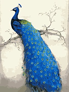 YEESAM ART Paint by Number Kits for Adults Kids Christmas Gifts - Blue Peacock Peahen 16x20 inch Linen Canvas