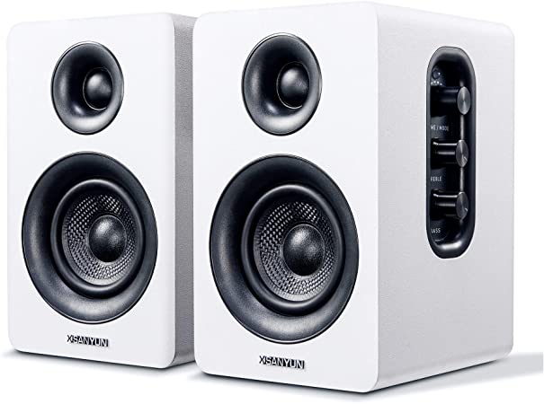 Sanyun SW208 3" Active Bluetooth Bookshelf Speakers - 60W Carbon Fiber Speaker Unit - aptX Codec - Built-in 24 bit DAC - Dynamic 3D Surround Sound - Computer PC Monitor Gaming Speakers (Pair, White)