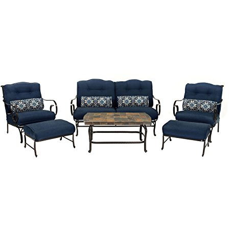 Oceana 6-Piece Patio Set in Navy Blue with a Stone-top Coffee Table