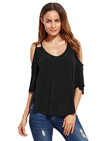 Romwe Women's Loose Tee Shirt Cold Shoulder Flowy Swing Top