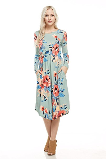 Modest Shop LA MSLA1459 Long Sleeve Floral Midi Dress with Pockets