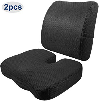 Seat Cushion and Lumbar Support Set of 2 for Car Office Computer Chair Wheelchair Premium Memory Foam Seat Cushion and Back Support Pillow with Ajustable Strap Back&Sciatica Pain Relief Washable Cover