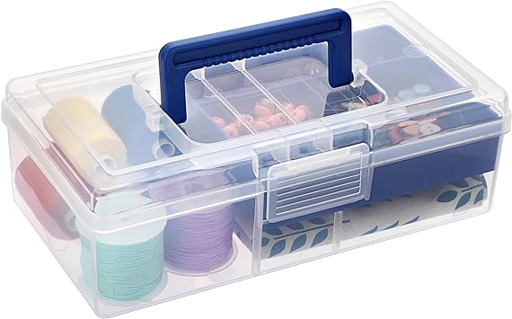 BTSKY Clear Plastic Storage Box with Removable Tray Multipurpose Stationery Storage Box with Handle Handy Sewing Box Art Craft Supply Organizer Home Utility Box (Blue)