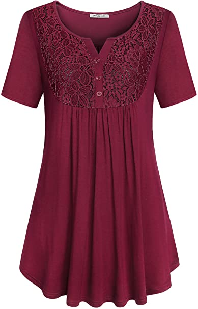 SeSe Code Women's Crewneck Button-up Ruched Short Sleeve Tunic Shirt
