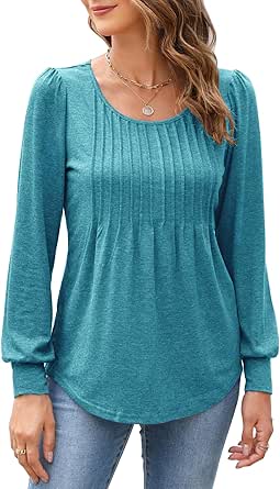 Bluetime Women's Puff Long Sleeve Pleated Shirts Tunic Tops Dressy Casual Fall Blouses