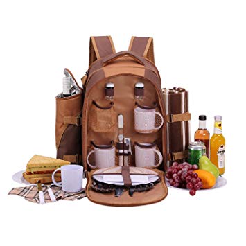 APOLLO WALKER Picnic Backpack Bag for 4 Person With Cooler Compartment, Detachable Bottle/Wine Holder, Fleece Blanket(45"x53"), Coffee Mugs,Plates and Cutlery (Brown)