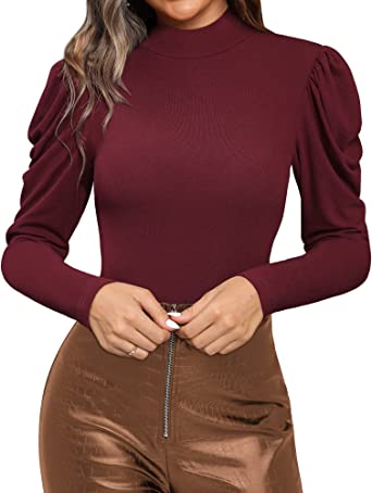 MANGOPOP Womens Mock Neck Long Sleeve Tops Puff Sleeve Workwear Blouse Bodysuits Dressy