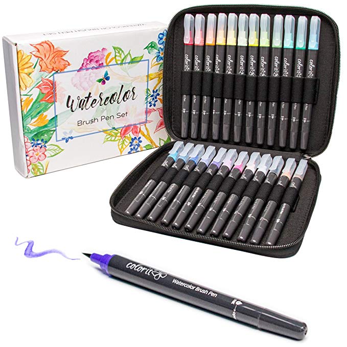 ColorIt Refillable Watercolor Brush Pens Set - 24 Vibrant Colors with Flexible Real Brush Tips and Bonus Travel Case, Premium Artist Quality Pens for Coloring, Painting, Calligraphy & More