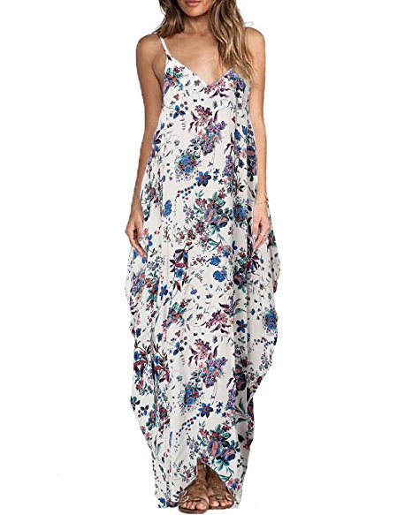 ZANZEA Women's Boho Floral Print V Neck Spaghetti Strap Long Maxi Dress Sundress