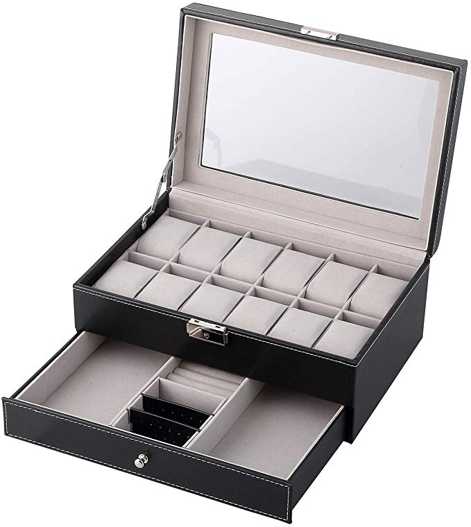 12 Watch Box Double-Layer Display Storage Watch Case Jewelry Collection Organiser Holder