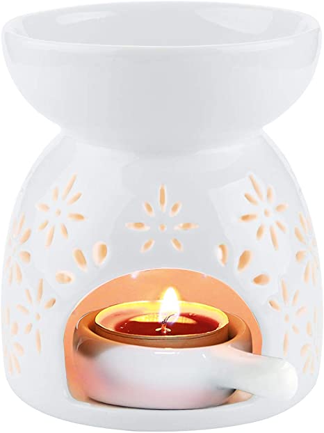 ComSaf Wax Melt Essential Oil Burner White - Flower Pattern, Ceramic Aroma Burners Assorted Wax Warmer Aromatherapy Tarts Holder Candle Scented Diffuser Home Bedroom Decor Christmas Housewarming Gift