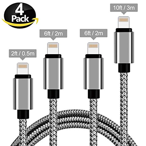 Lightning Cable, Coredy Iphone Charger 4Pack 3FT 6FT 6FT 10FT Fast Charger Nylon Braided Cord to USB Syncing and Charging Cable Data Tranfer Compatible with iPhoneX, 8/8plus,7/ 7 Plus,6/6s/6 plus/6s plus/ 5s/5c,iPad, iPod and More (Space Grey)