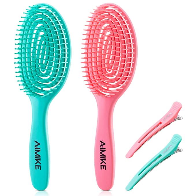 AIMIKE 2pcs Detangling Brush, Vented Detangler Brush for Natural, Curly, Thick & Straight Hair, Detangling Brush w/ Flex Soft Bristle, Glide Through Knots Easily for Women, Men, Kids, Wet and Dry Hair