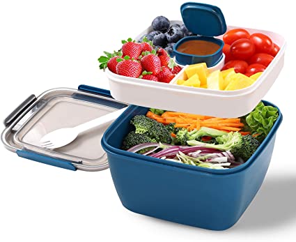 Portable Salad Lunch Container - 42 Oz Salad Bowl - 3 Compartments with Dressing Cup, Large Bento Boxes, Meal Prep to go Containers for Food Fruit Snack for Adults