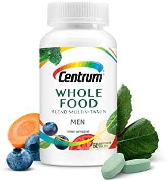 Centrum Whole Food Multivitamin for Men, with Vitamin C, Vitamin D, Zinc, Vegetarian   Gluten Free, Dietary Supplement, 30 Day Supply-60 Tablets