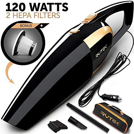RYTEK Corded Car Vacuum Cleaner High Power 120W - Portable Handheld Auto Vacuum Cleaner Powered by 12V Outlet of Car - Long Power Cord 16.4FT(5M) - 2 HEPA Filters - Carrying Bag - Black