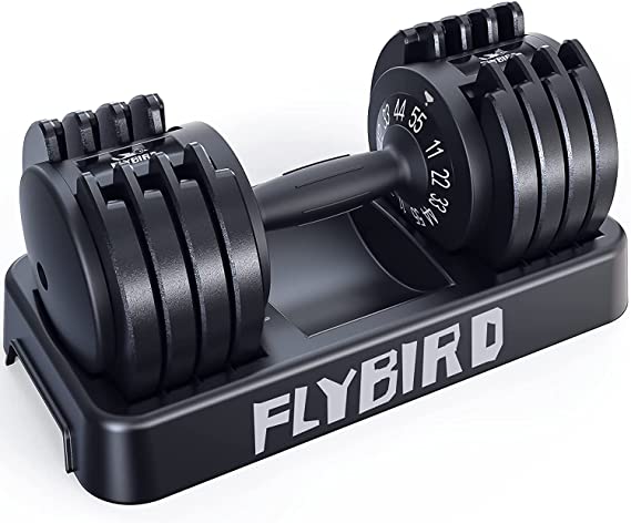 FLYBIRD Adjustable Dumbbell,25/50/55lb Dumbbell for Men and Women with Anti-Slip Metal Handle,Fast Adjust Weight by Turning Handle,Black Dumbbell with Tray Suitable for Full Body Workout Fitness