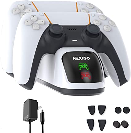 NexiGo PS5 Controller Charger with Thumb Grips & Trigger Extenders, Dual Fast Charing Station for Playstation 5 Controllers, Wireless Controller Charging Dock with LED Indicator for PS5 DualSense