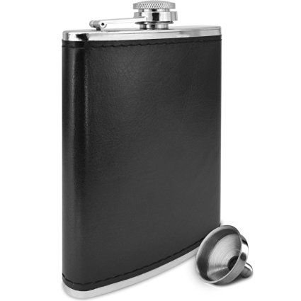 Premium 8 oz Soft Touch Leather Wrap Outdoor Adventure Flask 304 Stainless Steel - Leak Proof - Liquor Hip Flask by Future Hydrate - Includes Free Bonus Funnel (8 ounce capacity)