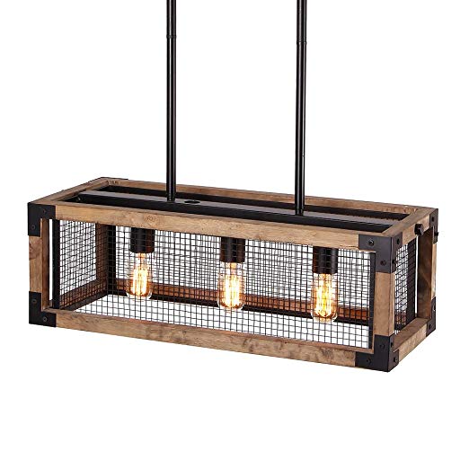 Anmytek Square Metal and Wood Chandelier Basked Pendant Three Lights Oil Black Finishing Iron Net Lamp Shade Retro Vintage Industrial Rustic Ceiling Lamp Caged Light