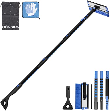 JOYTUTUS 61″ Snow Brush, Extendable Foam Snow Brush with Squeegee Ice Scraper, 270° Snow Removal Broom, Detachable Car Snow Scraper Brush with Durable Gloves for Car, Trucks, SUV