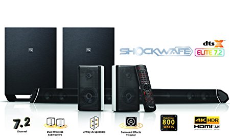 Nakamichi Shockwafe Elite 7.2Ch DTS:X 800W 45-Inch Sound Bar System with Dual 8" Wireless Subwoofers & 2-Way Rear Satellite Speakers