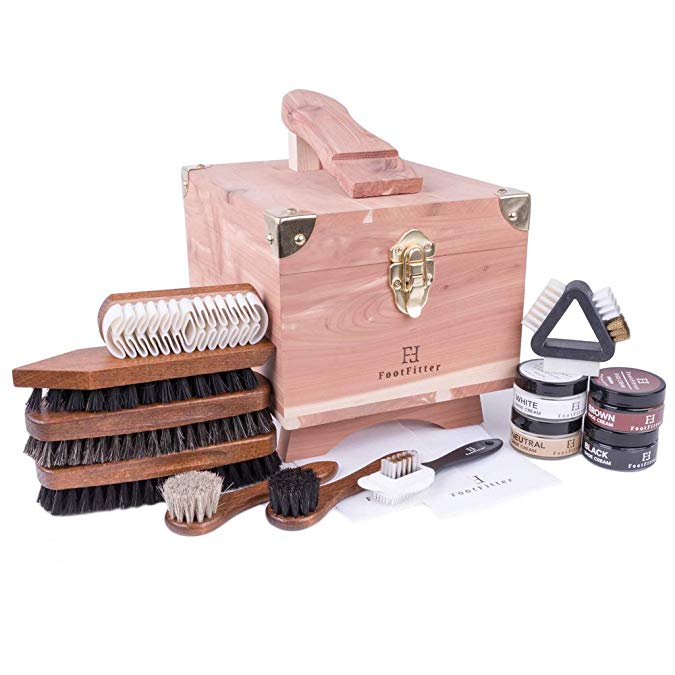 FootFitter Grand Cedar Shoe Shine Valet Set with Shoe Cream- All In One Shoe Care Kit