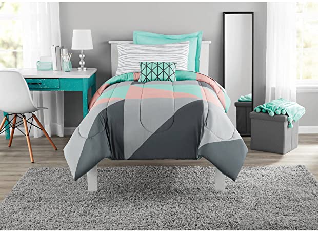 Fun and Bold Mainstays Gray and Teal Bed in a Bag Modern Comforter Set, Geometric Triangle Print with Teal Blue Gray and Pink Coral, Great for Dorms and Kid's Rooms! (Twin/Twin XL)