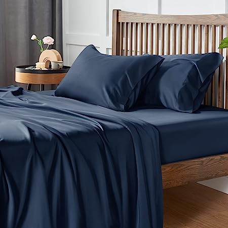 CozyLux 100% Organic Bamboo-Rayon Sheets Queen Size Navy 300 Thread Count Oeko-TEX Certified Cooling Bed Sheets Set for Night Sweats 4PCS with 16" Deep Pocket Luxury Silky Feel Hotel Bedding