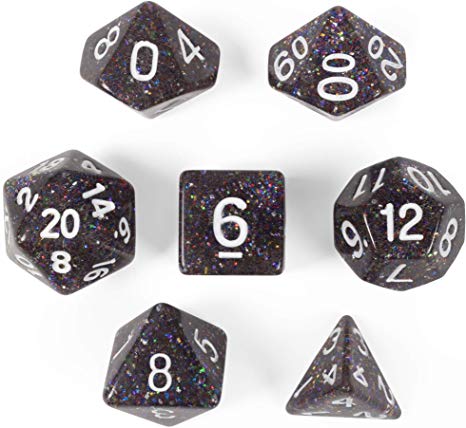 Sparklier Vomit Complete Set of 7 Premium Glitter Polyhedral Dice Edition with More Sparkles - Compatible with Most Tabletop RPG Board Games, Comes with Clear and Labled Display Box