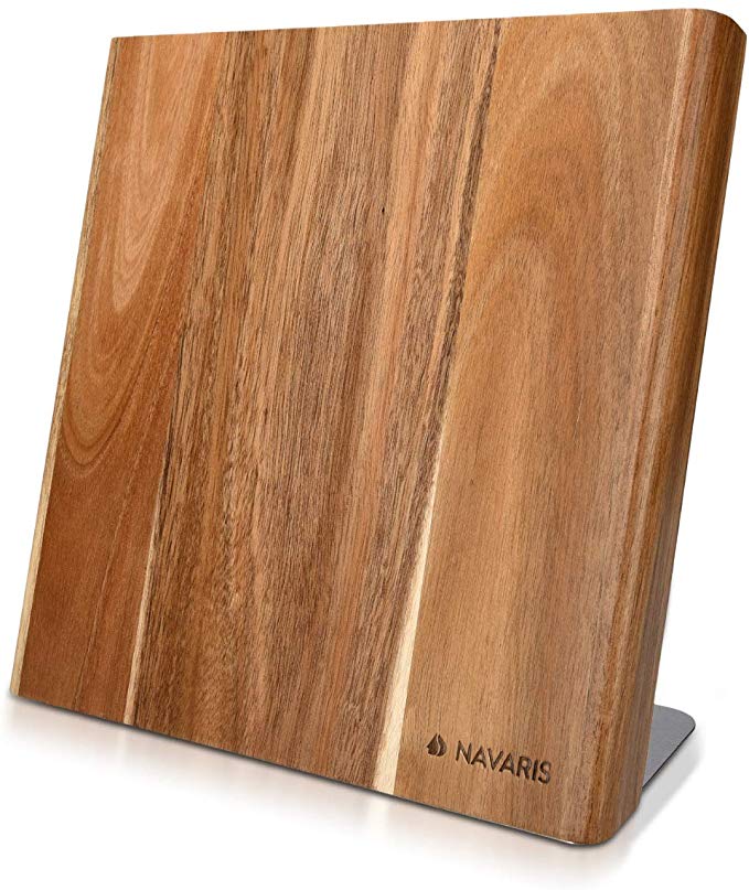 Navaris Wooden Magnetic Knife Holder - Universal Wood Magnetic Block & Organiser for Knives, Scissors, Kitchen Cutlery - Acacia, 27.7 x 27.5 cm