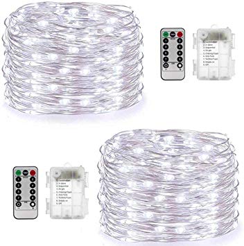 Syka Fairy String Lights, 2 Pack 100 LEDs String Lights with 8 Modes Remote and Timer 33ft Silver Wire, Waterproof Battery Operated Firefly Lights for Holiday Wedding Party Bedroom Garden (Cold White)