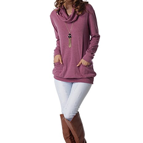 levaca Womens Long Sleeve Button Cowl Neck Casual Slim Tunic Tops With Pockets