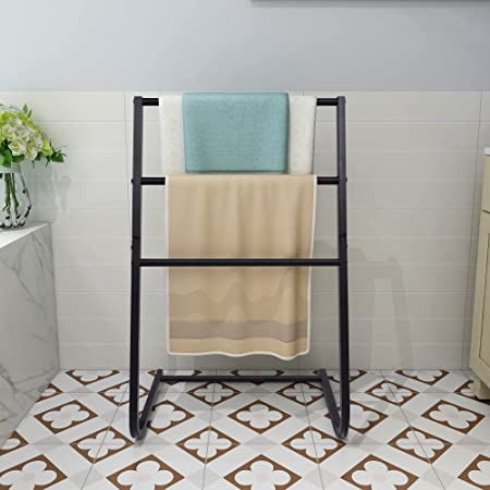 Freestanding Metal Towel Rack Scarf Rack Coat Rack 3 Bars Freestanding Drying Shelf for Bathroom, Bedroom, Living Room 3-Tiers Black