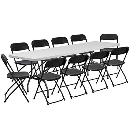 Flash Furniture 8' Bi-Fold Granite White Plastic Event/Training Folding Table Set with 10 Folding Chairs