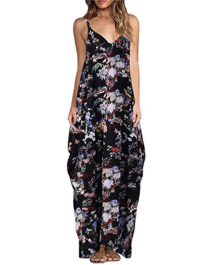 ZANZEA Women's Boho Floral Print V Neck Spaghetti Strap Long Maxi Dress Sundress