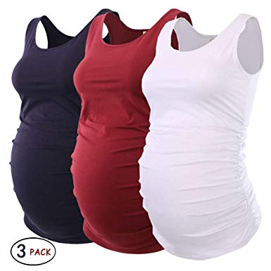 Jinson Pack of 3pcs Mama Womens Layering Maternity Tank Top Pregnancy Tee Scoop Neck Sleeveless Ruched Vest