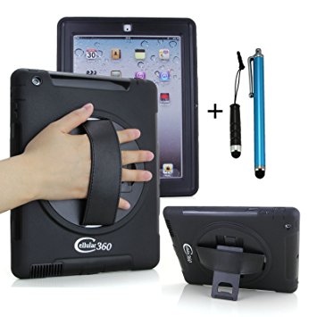 Cellular360 Apple iPad 2 iPad 3 iPad 4 Handheld Shock and Drop Proof Rugged Kickstand Case with a 360 Degree Swivel Kickstand and a Hand Grip Belt (Handheld Case-Black)