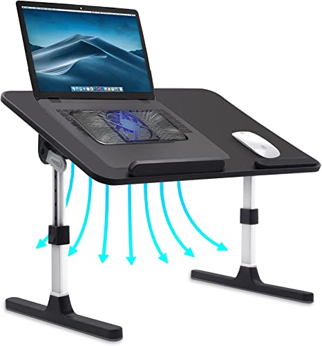 Home Office Lap Desk with USB Fan, Height & Angle Adjustable Foldable Laptop Bed Table - Fits Up to 17 Inch Laptops (Black)
