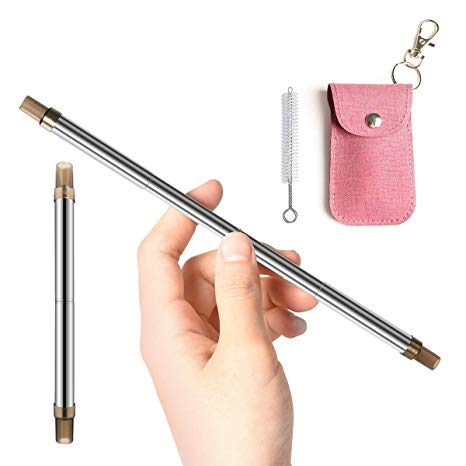 Reusable Straws, Expandable and Retractable Stainless Steel Straws Metal Drinking Straws Ultra Long 8.6 inch Eco-friendly FDA Approved with Keychain and Easy Cleaning Brush