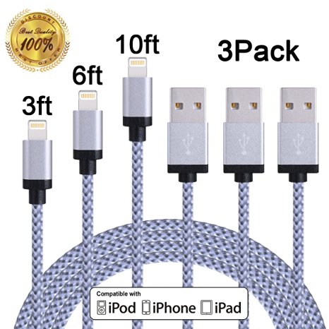 Winage 3Pack Lightning to USB Extra Long Cable Charging Cord Charger for iPhone 6s/6s plus/6/ 6 plus, SE, 5s/5c/5, 7/7plus, iPad Mini/Air, iPod Nano/Touch ( 3FT, 6FT, 10FT, White )