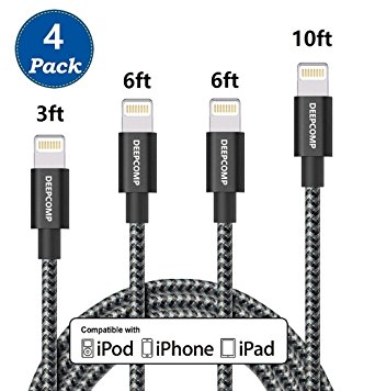 iPhone Charger, DEEPCOMP 4Pack 3FT 6FT 6FT 10FT iPhone Charger Cable Cord Lightning to USB Nylon Braided with Aluminum Connector for iPhone 7/7 Plus/6s/6s Plus/6/6Plus/5s/5c/5, iPad/iPod Models(Black)