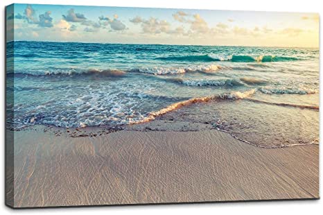 AMEMNY Painting Artwork Printed on Canvas Blue Seaview Beach Ocean Wooden Framed Ready to Hang for Bedroom Living Room Bathroom Office Home Decorations