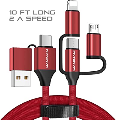 MANINAM Travel 5in1 Multi USB Charging Data Cable, 10FT LONG USB C Type C Micro USB Cable, 2A Current Charging Cord, Cotton Braided with Cable Organizer for Phone Tablet Power Bank Camera Nintendo etc